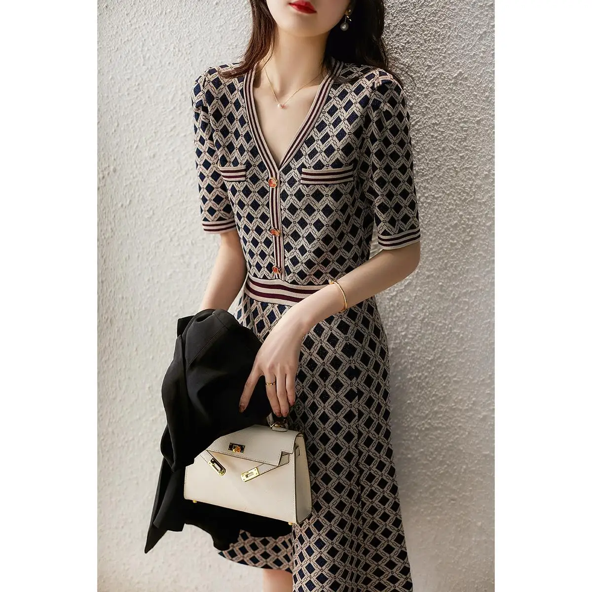

French style 2021 summer new product fashion ribbed stitching rhombus waist slimming all-match simple dress women