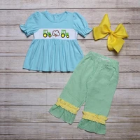 summer girls clothes blue short sleeve skirt and green plaid trousers tractor and cotton embroidery pattern toddler girl outfits