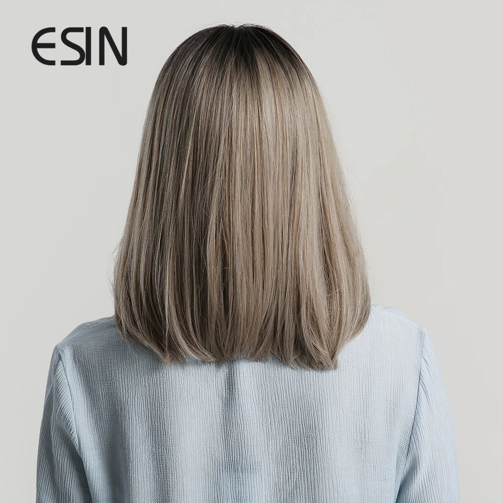 ESIN средней длины прямой синтетический парик с челкой черный корень Омбре серые