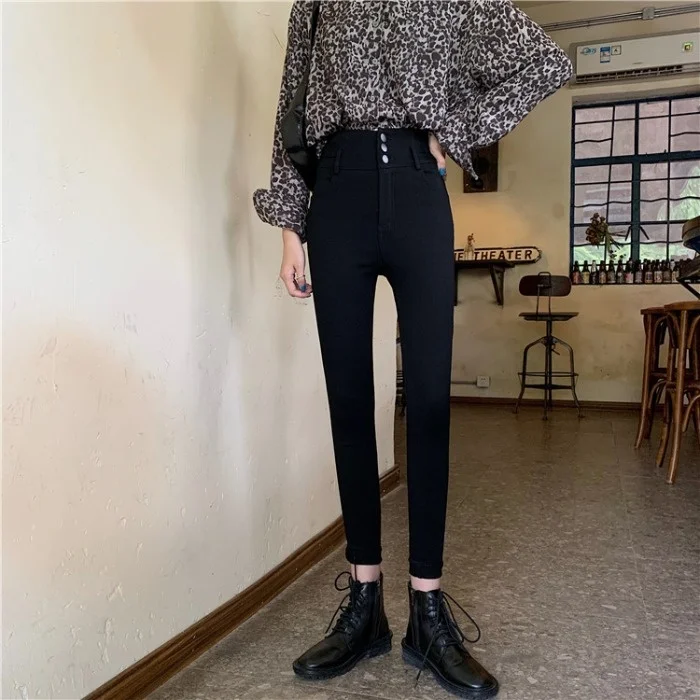 

Black Jeans Women's Plush Thickened Elastic Tight Capris Autumn and Winter Small Leg Pants Straight Pants