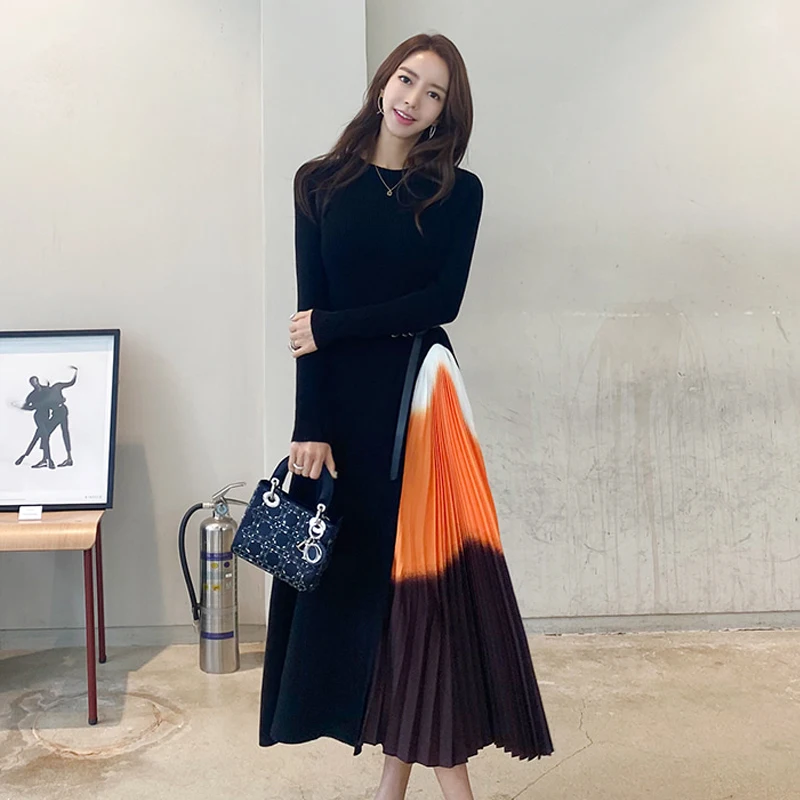 

Spring and summer French Hepburn style stitching gradient color pleated slim dress elegant temperament office for women dresses