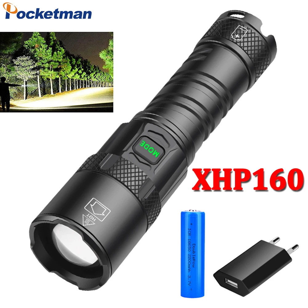 

New XHP160/XHP99 LED Flashlight USB 5 Modes Rechargeable Flashlights Aluminum Tactical Flashlight Waterproof Torch Tail Rope