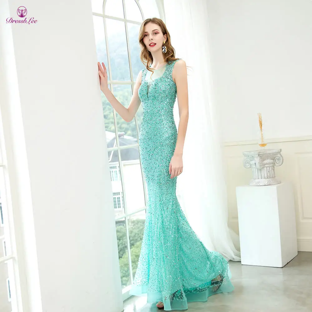 DressbLee New Ling Mint Green Mermaid Evening Dress Sparkly Full Crystal Long Evening Dress Charming Formal Party Gowns