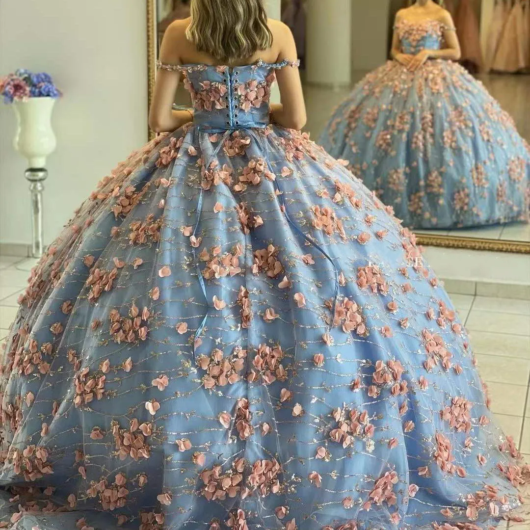 

Vestidos De Fiesta New Quinceanera Dresses For Sweet Girl Beading Sequin Handmade Sweetheart 3D Flowers Formal Ball Gowns