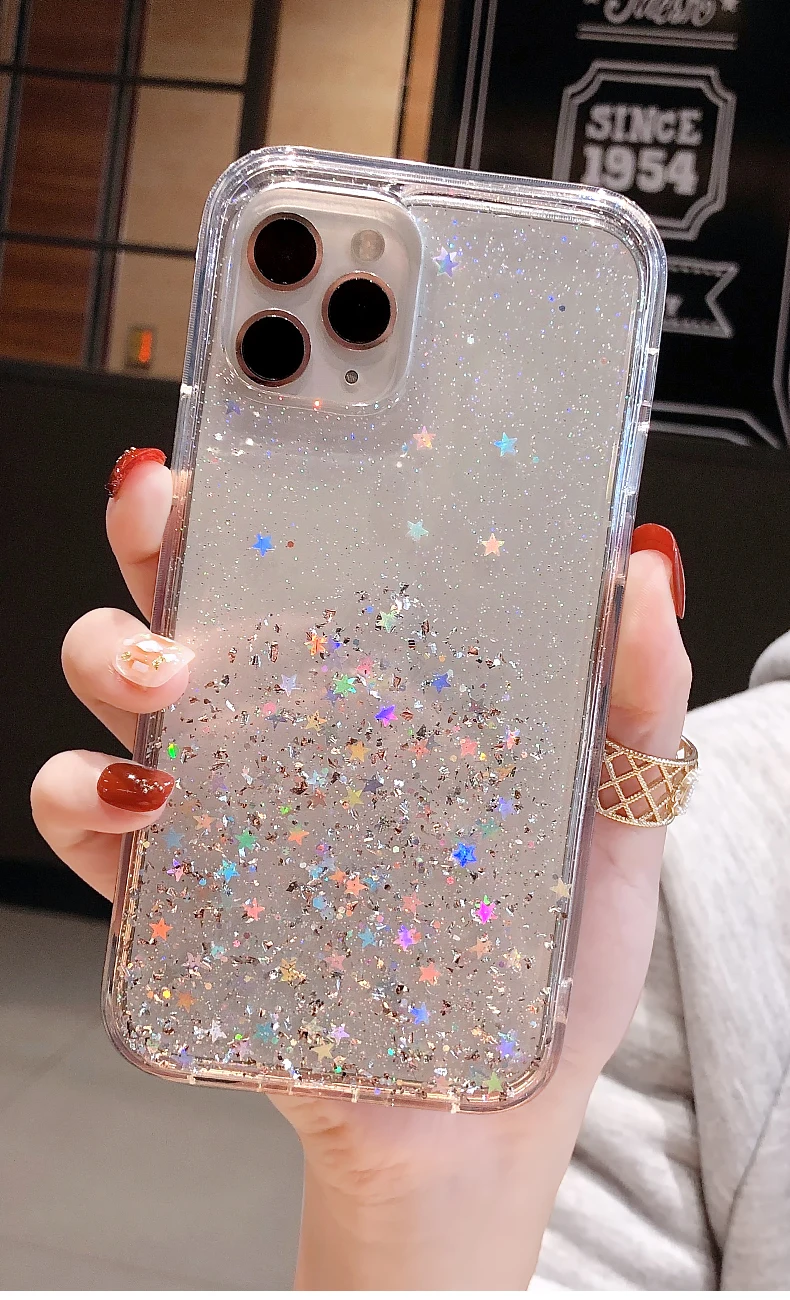 

Glitter Star Sequins Soft Bling Phone Case For iPhone 11 Pro Max 12 Mini XS XR X 6S SE 7 8 Plus Shockproof Transparent TPU Cover