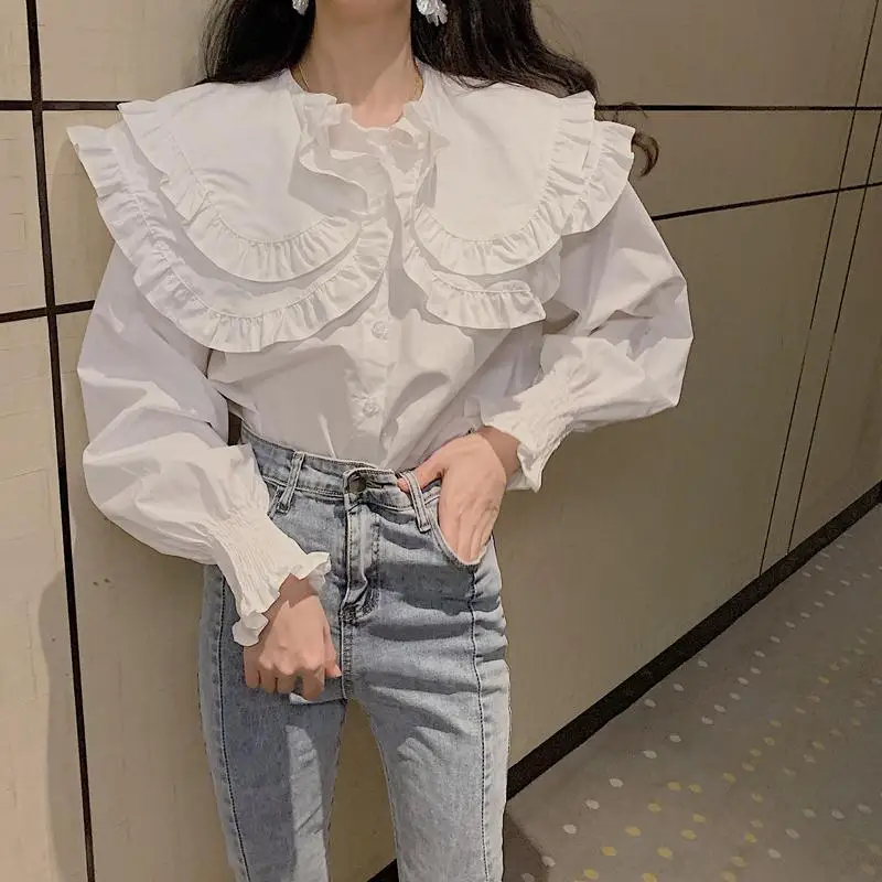 

White Women Blouse Long Sleeve Office Lady Shirts Loose Casual Designer Vintage Spring Kawaii Korean Peter Pan Collar Tops