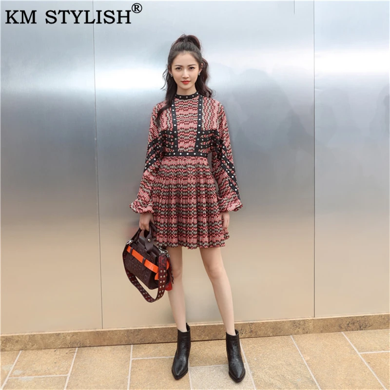 Женская одежда винтажные платья Осеннее Полосатое плиссированное платье с