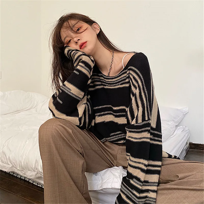 

2021 NEW Punk Gothic Striped Long Sleeve Loose Patchwork Sweater Hip Hop Retro Oversize Pullover Casual Knitted Jumpers