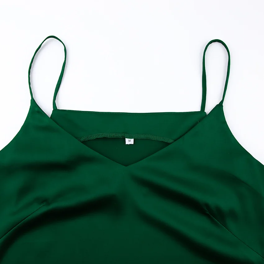 

2021 Summer Women Dress Satin Sleeveless Spaghetti Strap Straight Solid Luxury Shiny Sundress Sexy Silk Dress French Green Dress