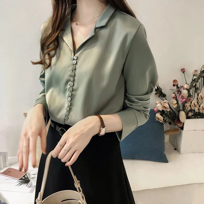 

Shirts Women Solid Single Breasted Korean Style High Quality Chiffon Leisure Ladies Streetwear Womens Blouses Spring Blouses
