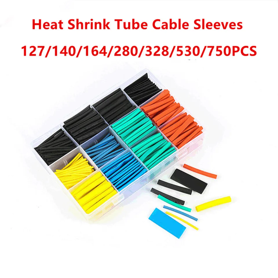 

127/140/164/280/328/530/750Pcs Assorted Polyolefin Heat Shrink Tubing Tube Cable Sleeves Wrap Wire Set 8 Size Multicolor/Black