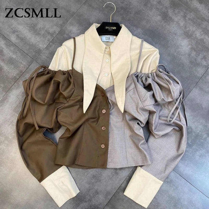 

ZCSMLL 2021 Autumn Triangle Lapel Women Blouse Drawstring Retro Bubble Long-sleeved Color Matching Niche Designer Shirt