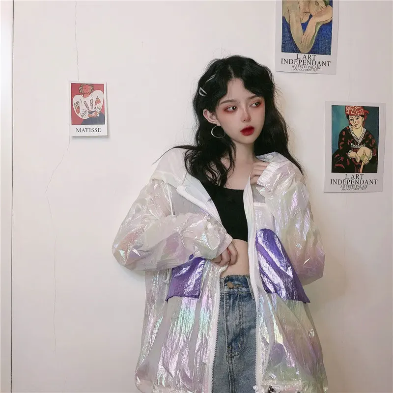 Летний жакет Для женщин Лазерная Глянцевая с капюшоном куртка из ткани защитой