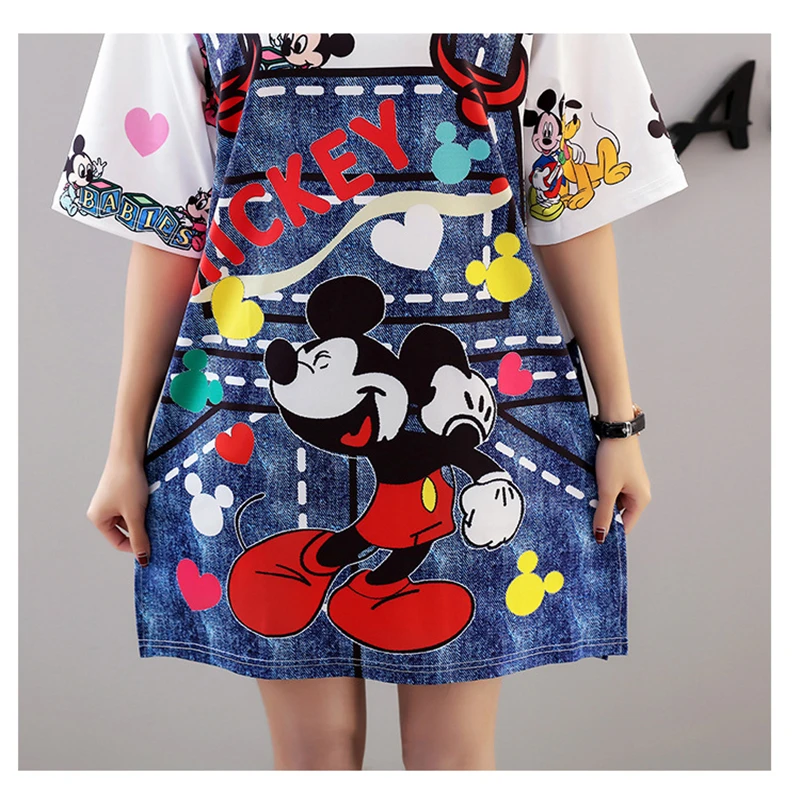 

DISNEY 2020 Summer Fake Strap Dress Two-piece Digital Printing Large Size Short-sleeved Loose Mid-length Mickey Mouse T-shirt144