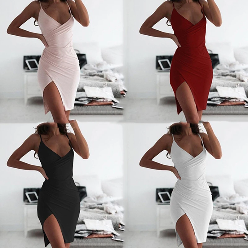 

Women Deep V Neck Club Sexy Bodycon Dress Women Ruched Backless Cross Red Black Party Bandage Mini Summer Dress Vestidos