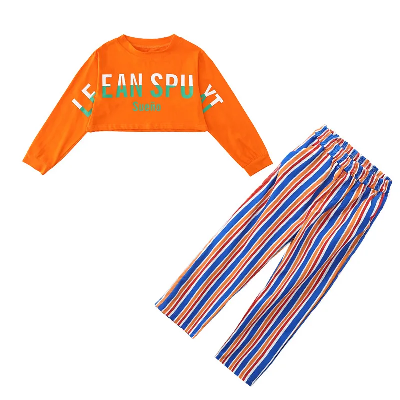 

Kid Fashion Hip Hop Clothing Crop Top Long Sleeve Shirt Sweatshirt Striped Streetwear Pants for Girls Jazz Dance Costume Clothes