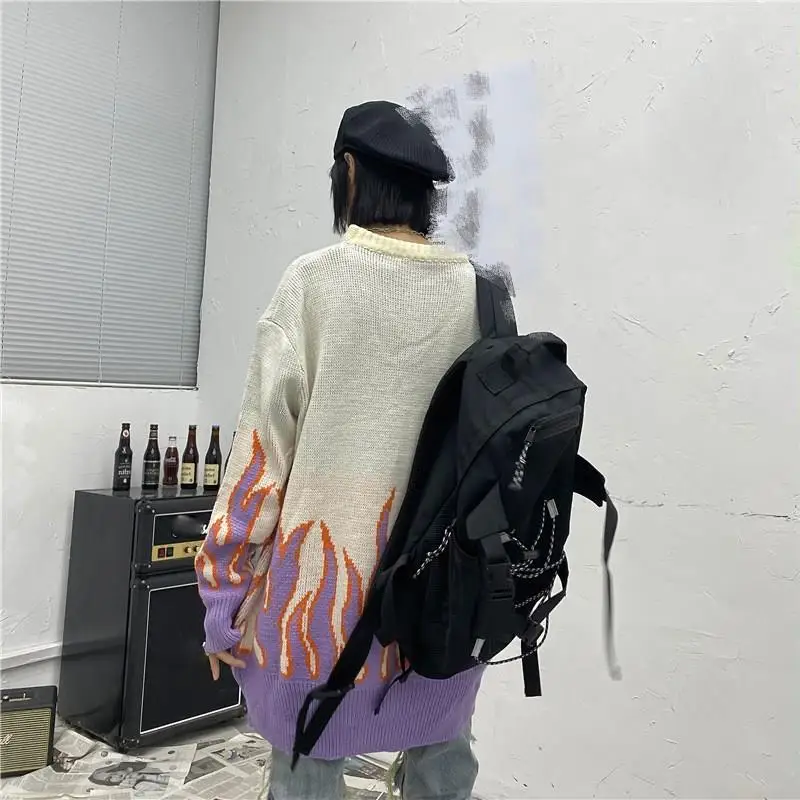Harajuku вязаный свитер с пламенем, повседневные длинные женские пуловеры с принтом, свободные свитера бойфренда, верхняя одежда