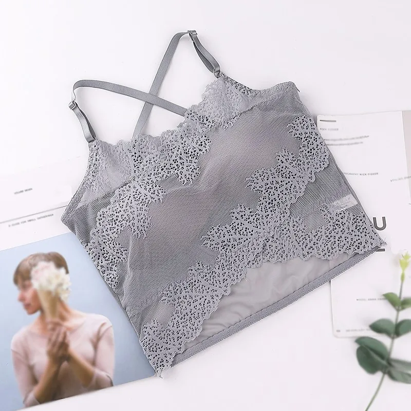 

Women Embroidery Cross Back Tube Top Solid Color Vest Lace Padded Stretchy Mesh Comfortable Tube Top 2019 New Women Lingerie