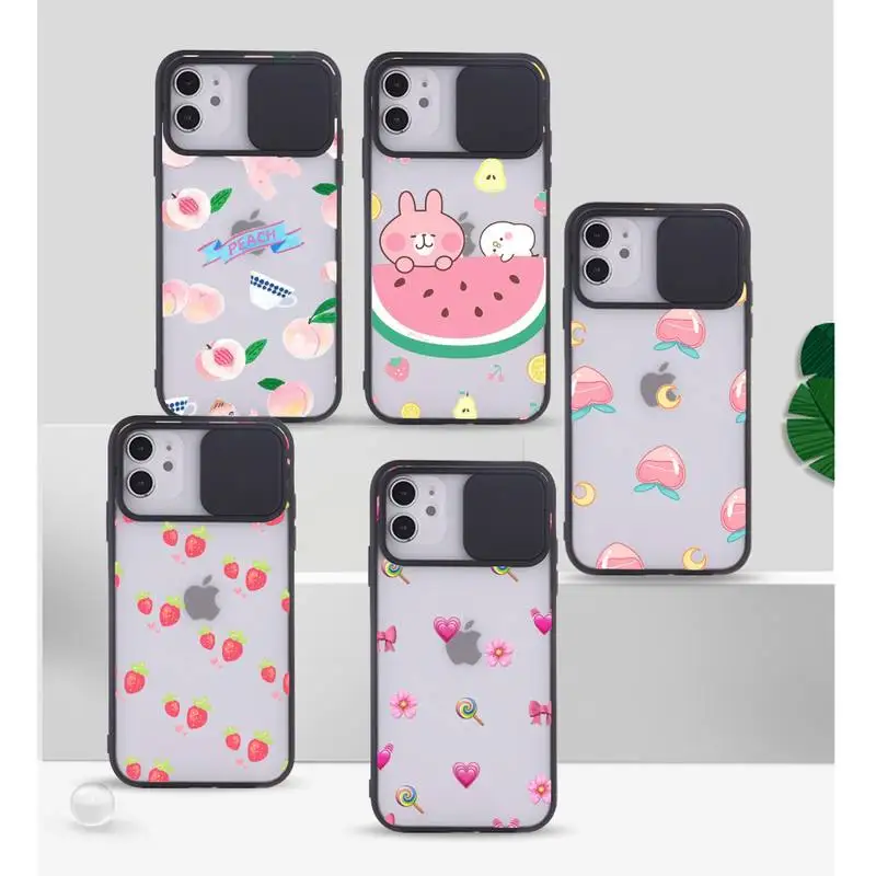 

Cartoon fruit peach animal rabbit Phone Case For iPhone 7 8 11 12 X XS XR MINI Pro Max Plus Slide Camera Lens Protection