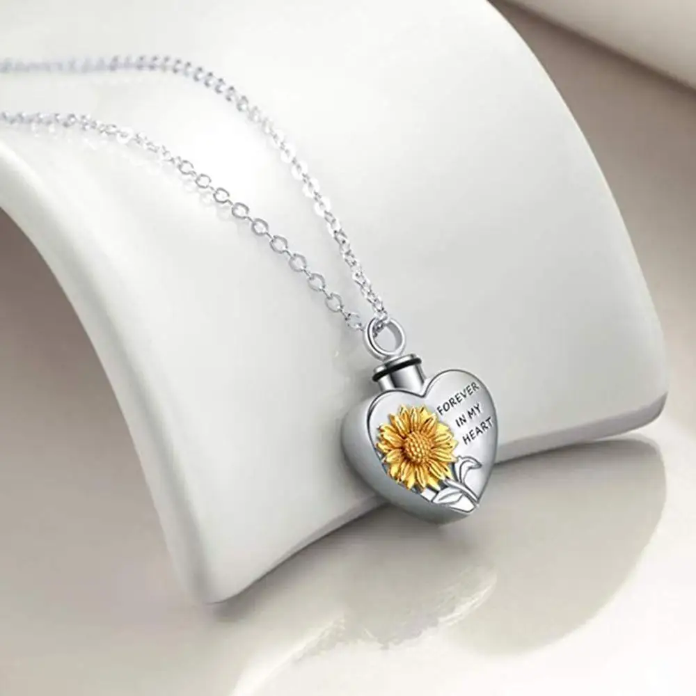 

Sunflower Ashes Box Pendant Necklace Women Fashion Steel Forever In My Heart Letter Chain Necklace Men
