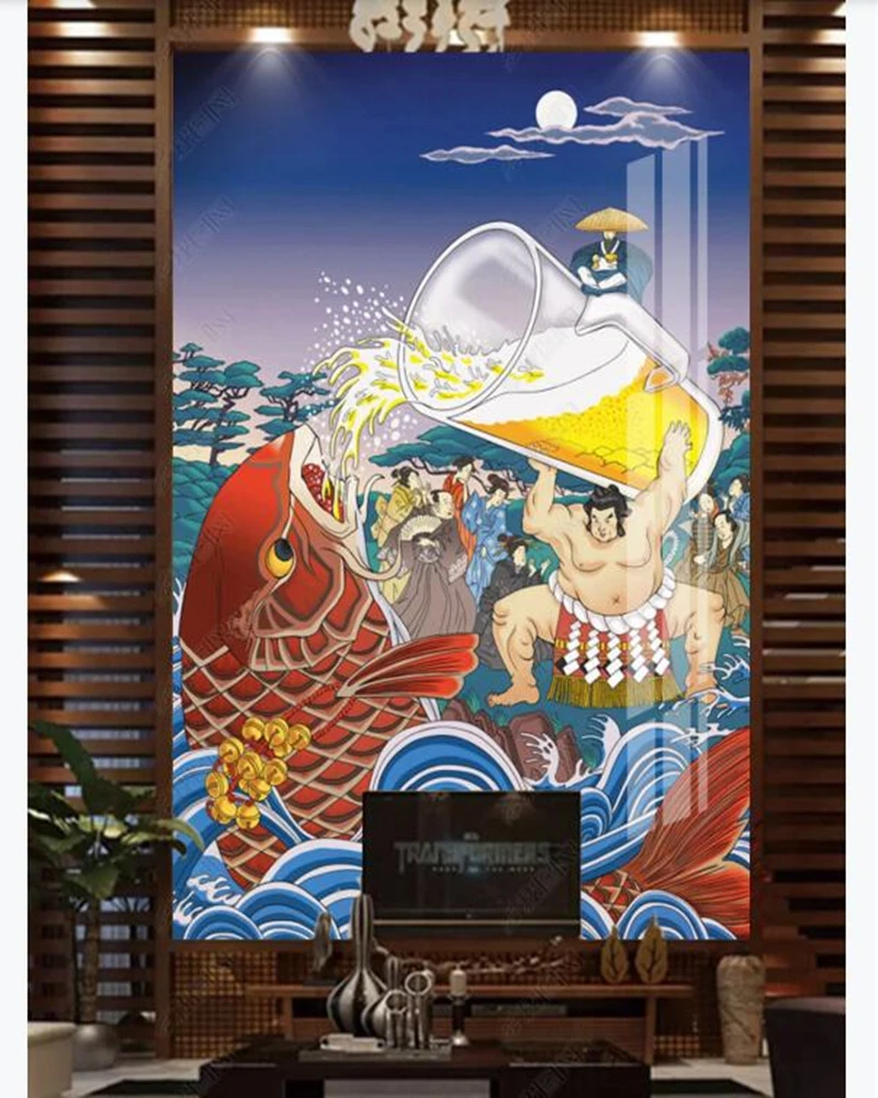 

Papel de parede Japanese Ukiyo-e Carp Beer Restaurant 3d wallpaper door sticker ,living room bedroom kitchen mural