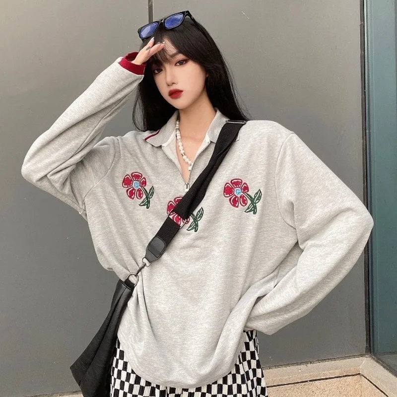 

Oversize Women's Clothing Autumn New Street Style Casual American Vintage Fashion All-match Floral Turn-down Collar Hoodies