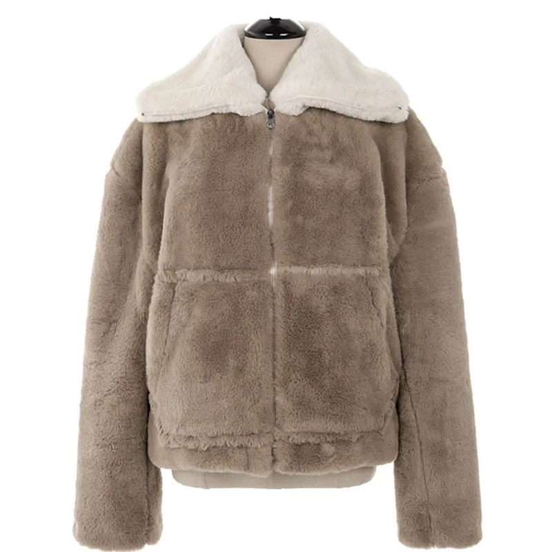 

Streetwear Winter Fashion New Warm Faux Fur Big Collar Lapel Womens Jackets Long Sleeve Zipper Fleece Loose Fit Chaqueta Mujer
