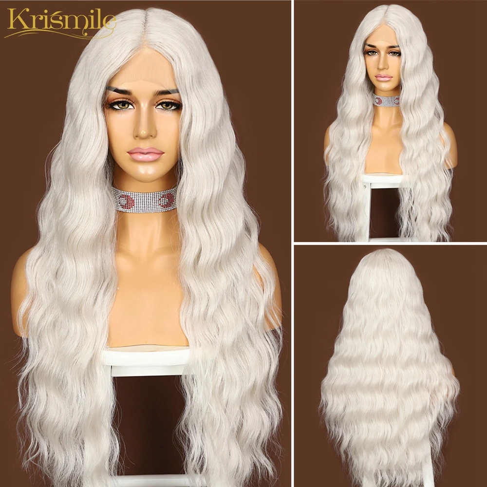 Krismile T-Part Lace Wig 60# Silver White Water Wave Middle Part Synthetic Wigs for Women High Temperature Party Cosplay Daily