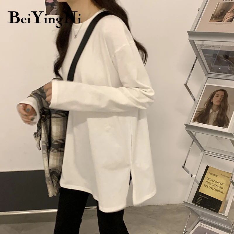 

Beiyingni Spring Autumn Cotton Tshirts Female Solid Loose Casual Harajuku Tops Women Chic Split Basic T-shirt White Black Gray