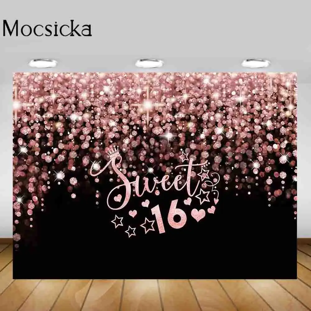 

Mocsicka Sweet 16 Backdrop Pink Glitter Polka Dots Girls 16th Birthday Party Background for Photography Bokeh Photo Studio Props