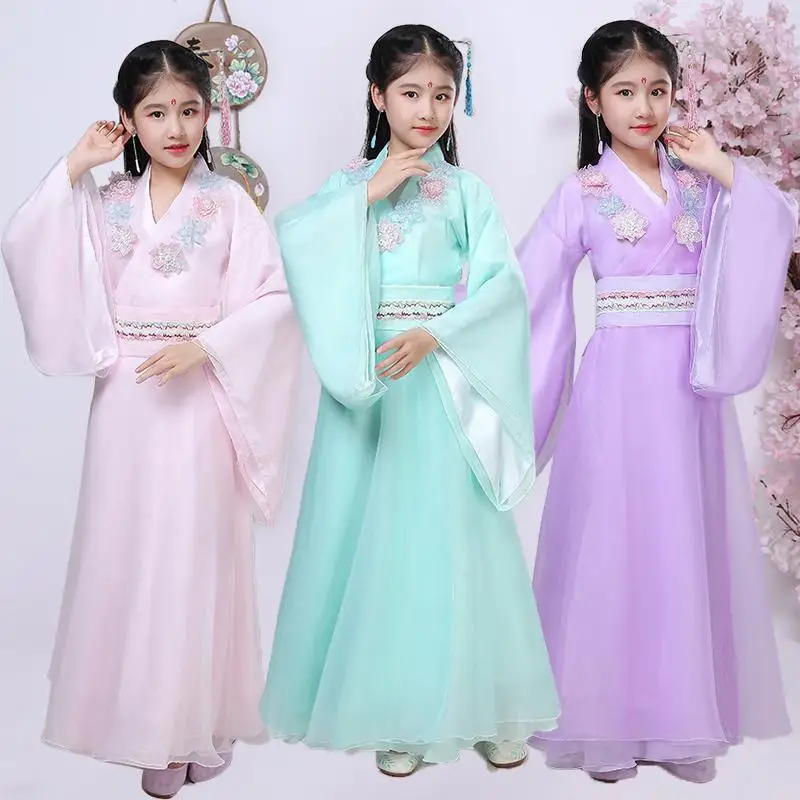 

Детское традиционное китайское платье ханьфу для девочек, традиционный костюм в древнем китайском стиле, детские сказочные костюмы, танцев...