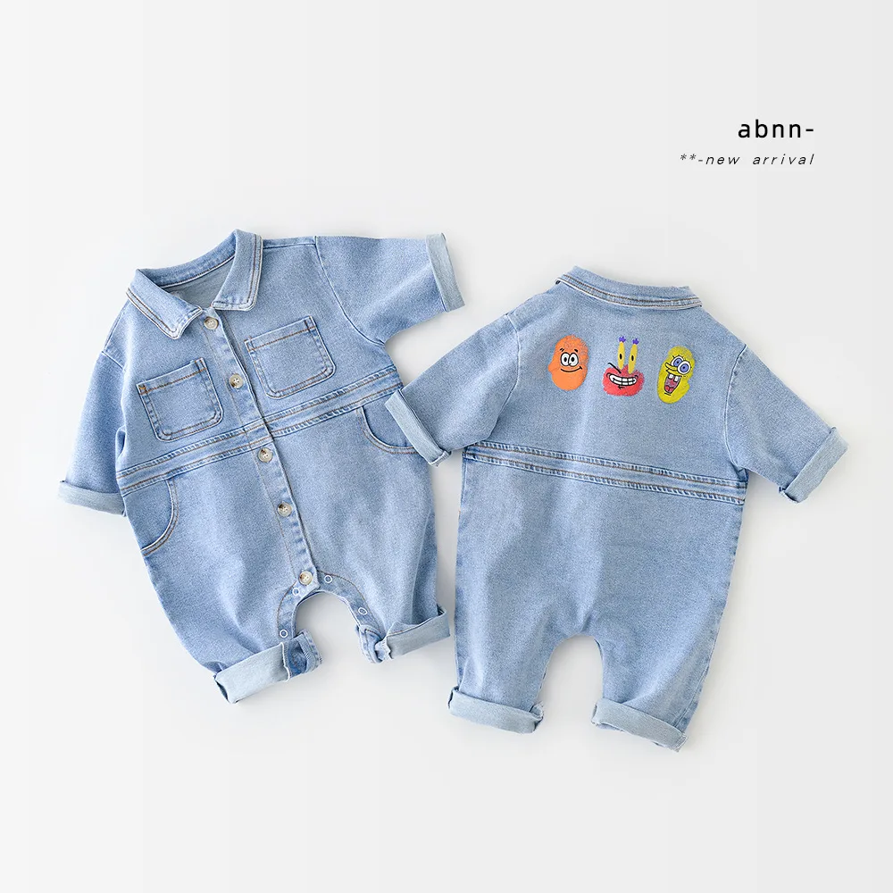 

2021 Baby and Toddler Autumn Romper Lapel Printed Denim Crawling Suit Fall Clothes for Kids Newborn Baby Romper COTTON