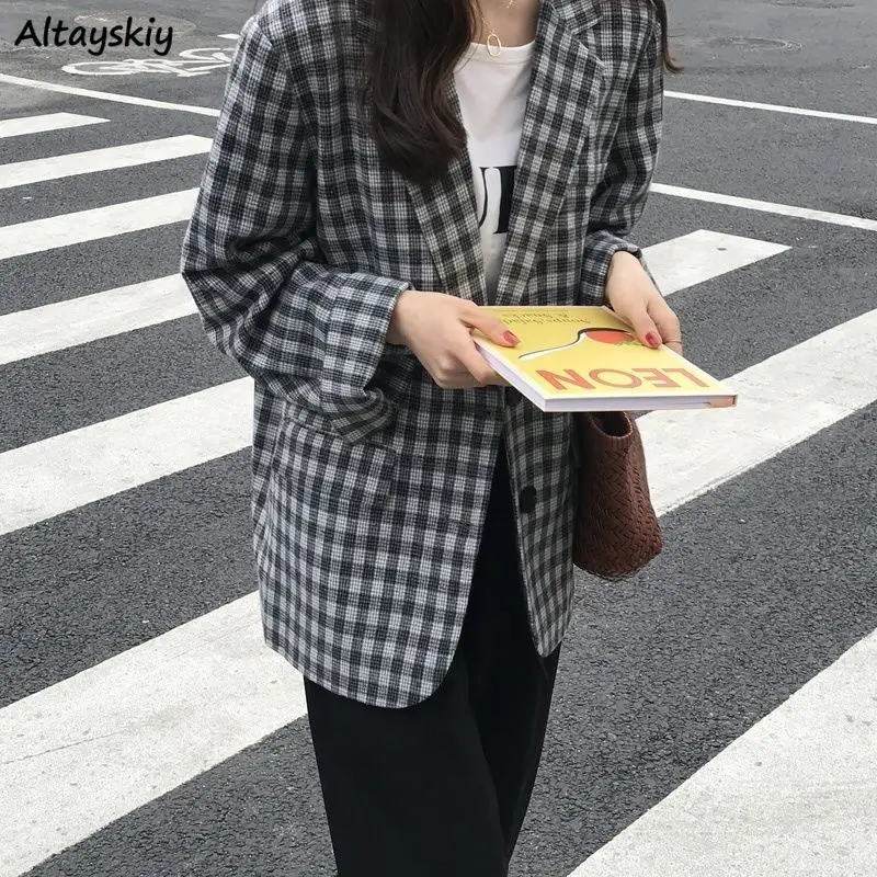 

Plaid Blazers Women Retro Long Sleeve Single Breasted Leisure Woolen Suits Students Baggy Korean Style Trends Elegant Harajuku