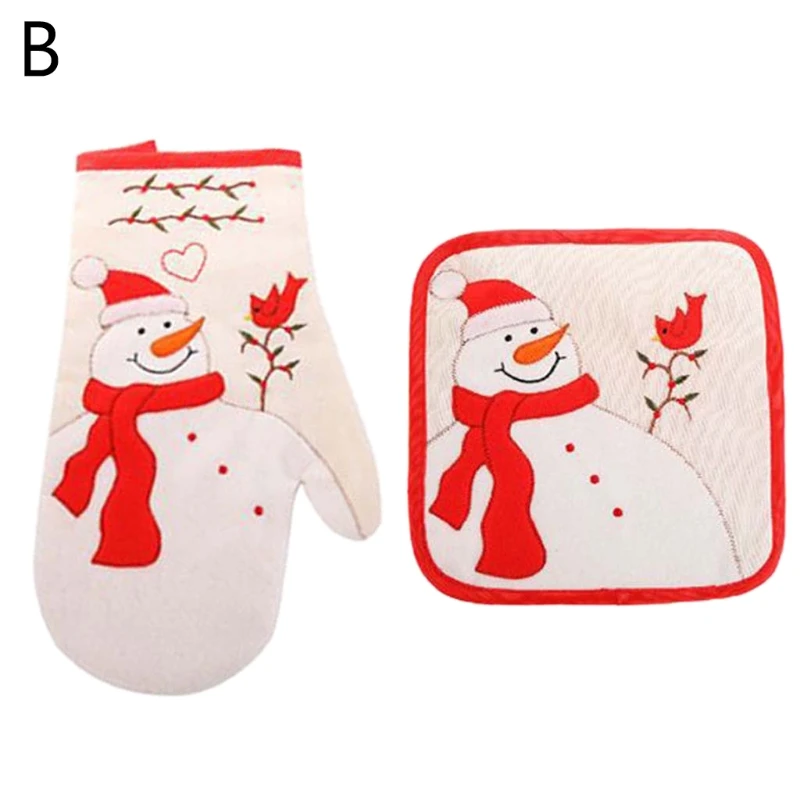 

2pcs/set Christmas Decoration Microwave Glove Mitts Kitchen Potholder Mat Insulation Pad for BBQ Oven Baking Cooking