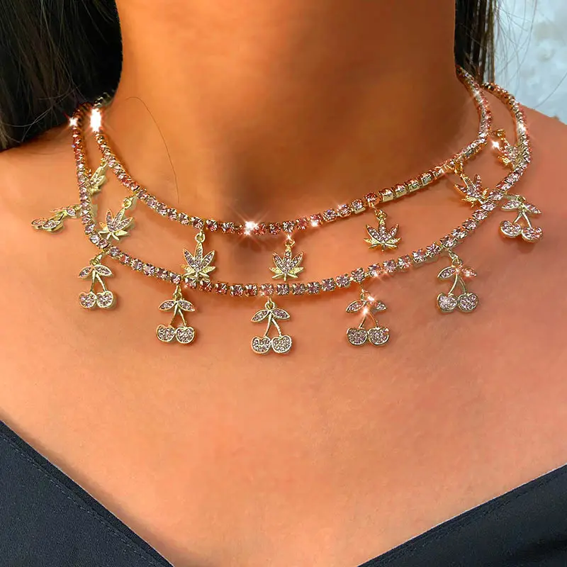 

Boho Bling Rhinestone Cherry Pendant Necklace For Women Fashion Crystal Friut Tennis Chain Choker Necklace Female Collar Jewelry