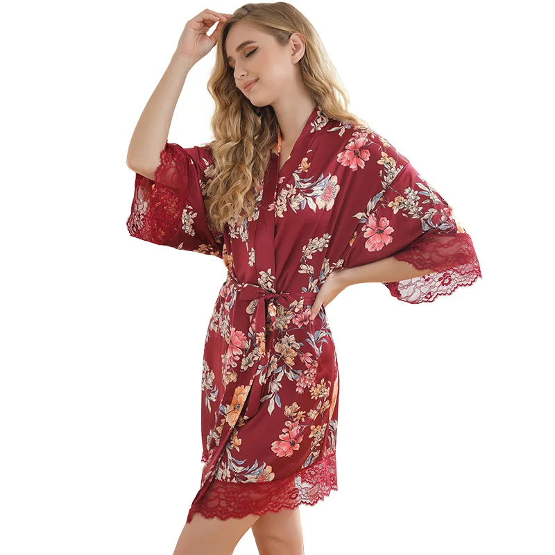 

Pajamas For Women 100% CottonSleep Top Womens Pajamas Silk Like Robe Sexy Lace Print Morning Gown Kimono Yukata Floral Cozy Set