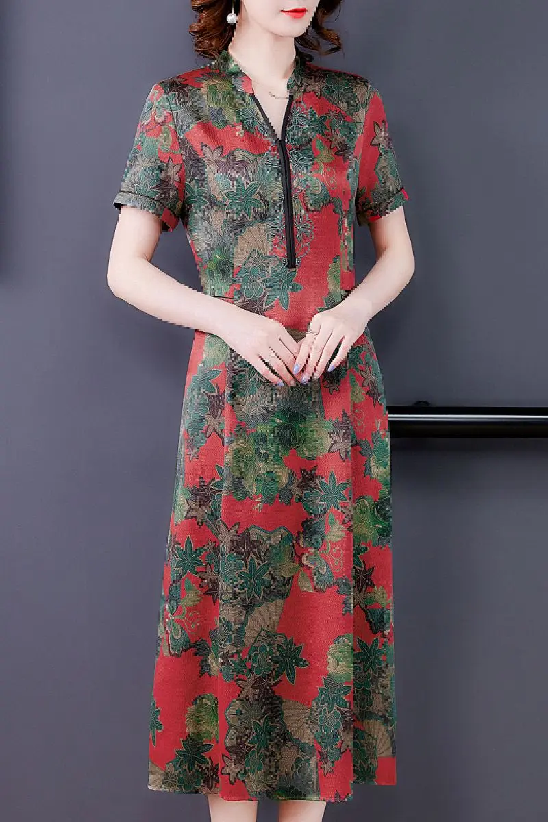 

COIGARSAM Women Dress Summer 2021 Casual Patchwork Silk Short Sleeve V-Neck Red Green Dresses Traf Robe Vestidos