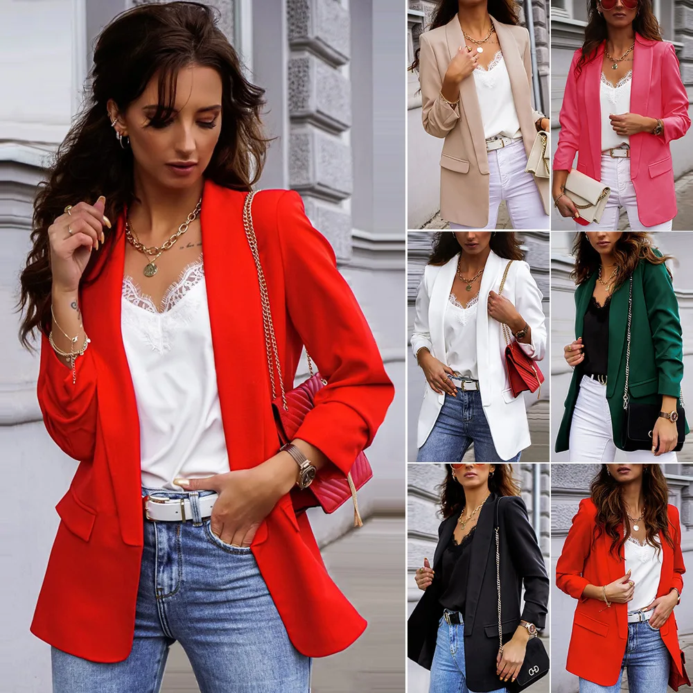 

Women Long-Sleeved Small Suit Office Lady Slim Suit Autumn Coat Lapel Buttonless Small Blazer Women Blazers and Tops S-XXL