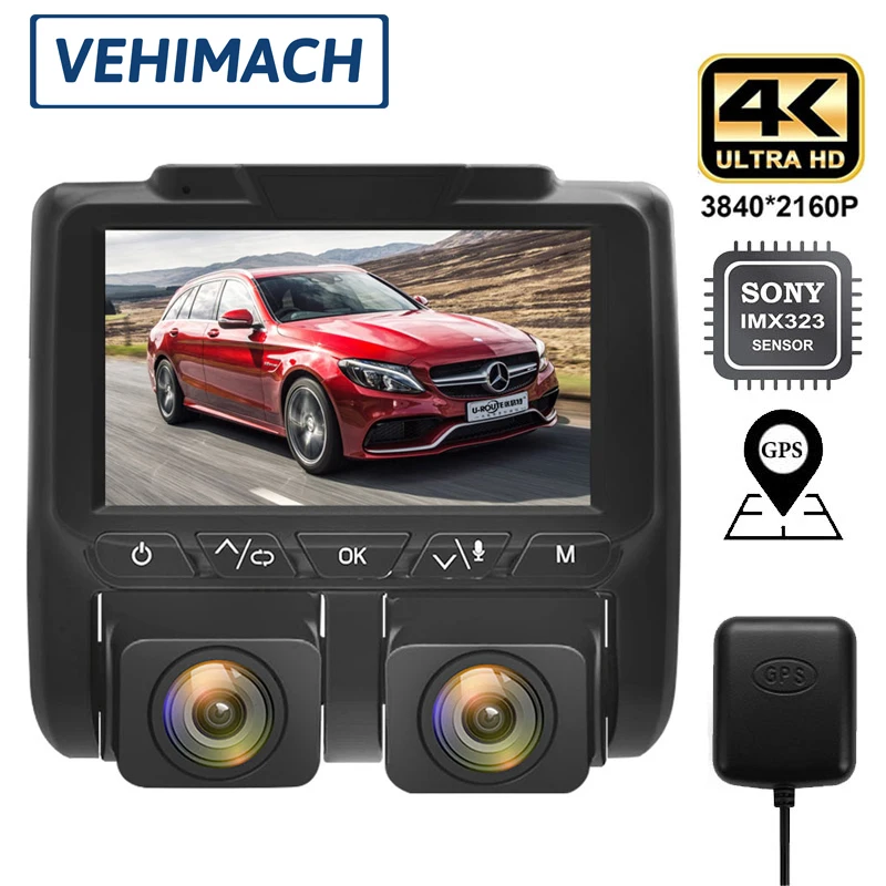 Видеорегистратор 4K GPS для автомобиля с двумя объективами 1080P HD 3 дюйма