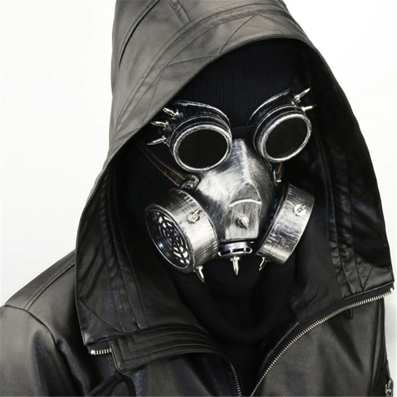 

2 Pcs Steampunk Metallic Luster Gas Mask with Goggles Retro Cosplay Creepy Death Mask Helmet for Halloween Costume Wholesale X2