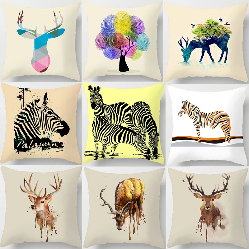 

Cartoon Animal Elk Throw Pillows Case Cushion Cover Zebra Tiger Decor Sofa Car Waist 45x45cm