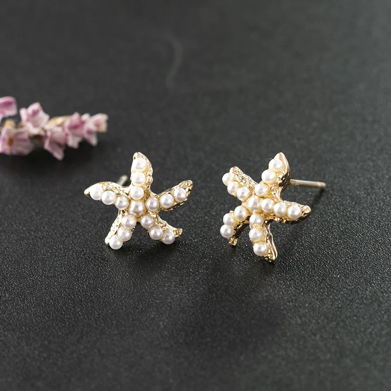 Женские серьги в форме морской звезды металлические с жемчугом ювелирные