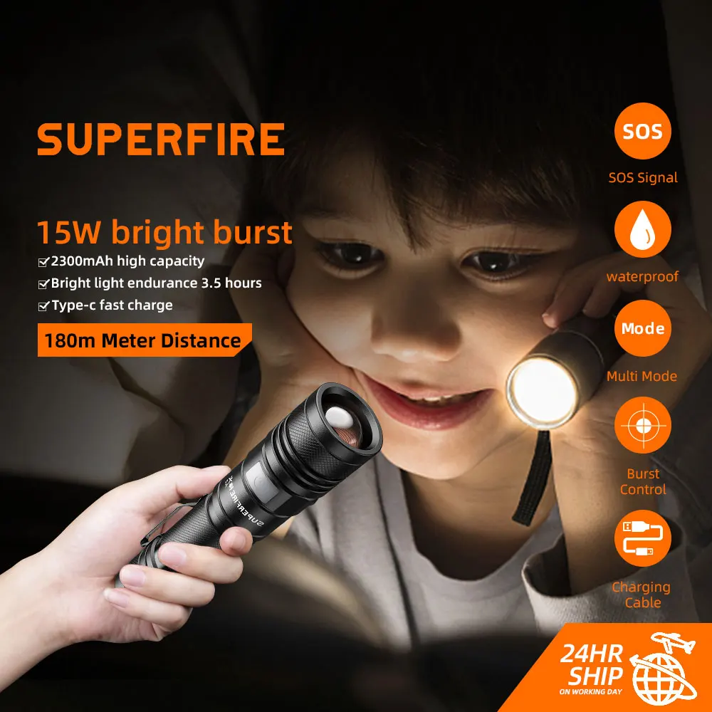 

Supfire A2 xhp50 15W Powerful flashlight EDC 4 Modes Rechargeable Zoom LED Torch Built In Battery Best For Camping Outdoor