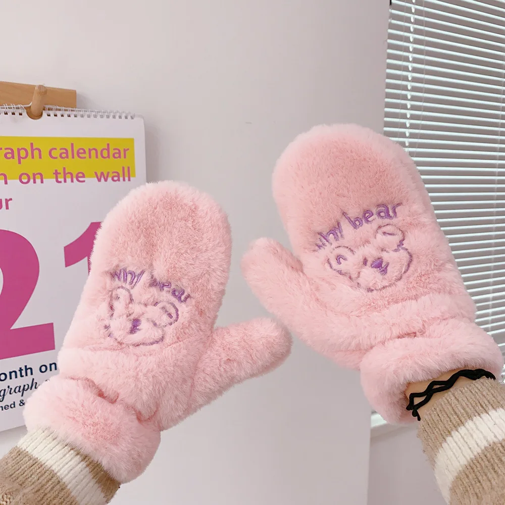 

Winter Women's Korean Ins Bear Gloves Kawaii Cute Bear Warm Plush Pink Gloves Children Riding Gloves