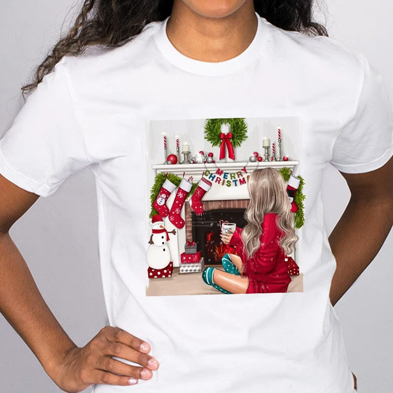 

Women Merry Christmas Winter Time Top Fashion Girl 90s Cartoon Graphic Holiday Lady Clothes Print Tops Female T-Shirt