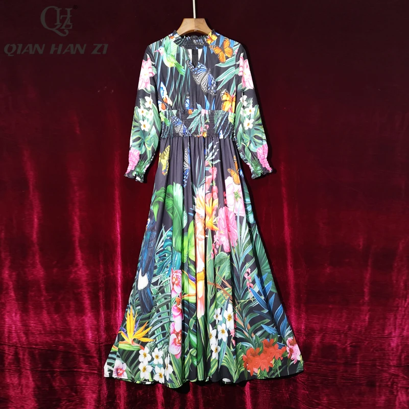 

Qian Han Zi 2020 Designer Fashion Runway Dress Women's Long Sleeve Amazing Flower Print Long Dress