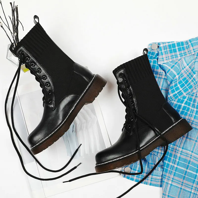 

2021 New Autumn Winter Round Toe Lace Up Ankle Boots Square Heel Casual Women Shoes PU Leather Short Boots Size 34-43