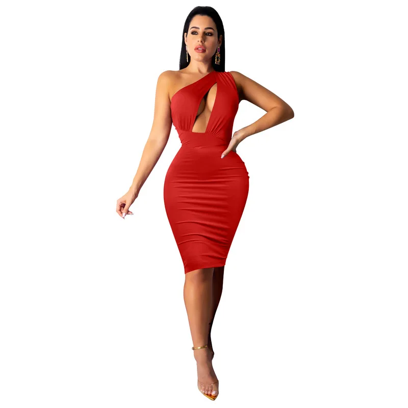Женское платье-миди с одним открытым плечом до колена | Женская одежда