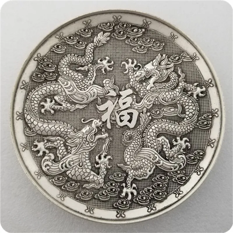 Accesorios de decoración de juguete de escritorio de cobre antiguo chino, placa de dragón doble chapada en plata #28-1
