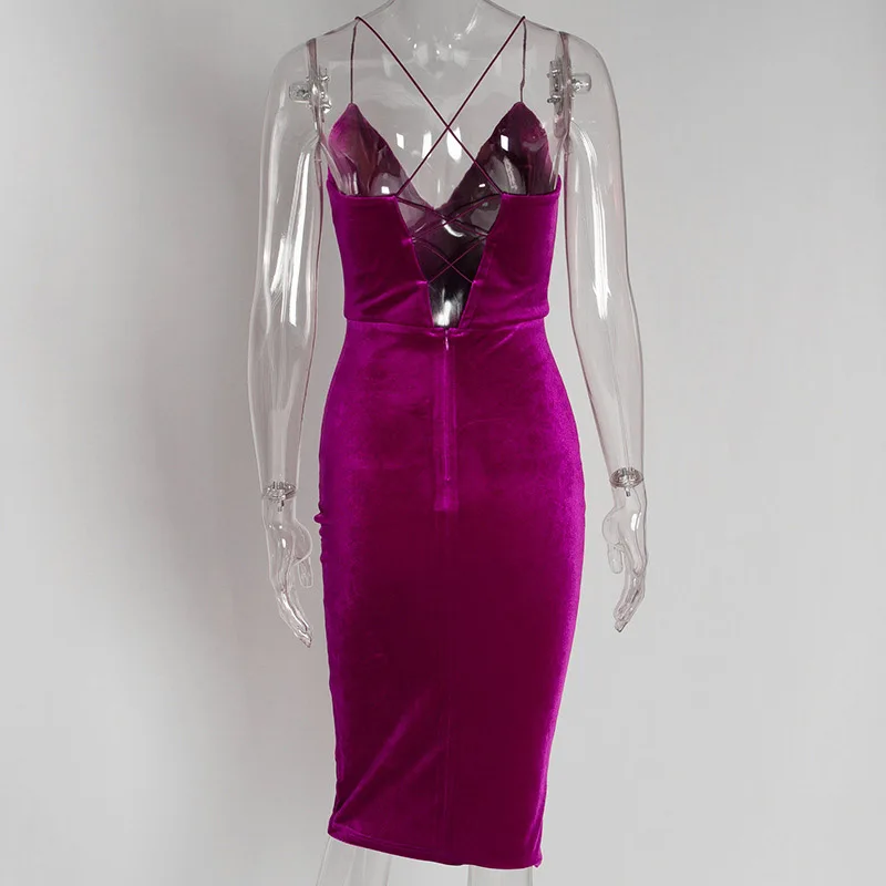 

Sexy Dress Velvet Spaghetti Strap Bodycon Wrap High Waist Tunic Bandage Purple Blue Summer Party Club Midi Dress Women